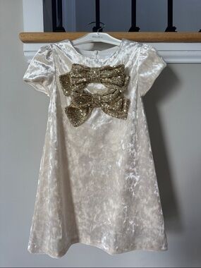 Girls' Cream Velvet Party Dress with Gold Sequin Bows